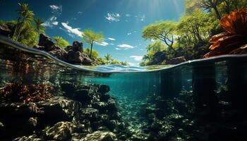ai generato subacqueo pesce nuotare nel il in profondità blu tropicale scogliera generato di ai foto