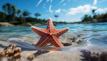 ai generato tropicale estate vacanze blu acqua, sabbioso spiagge, e stella marina generato di ai foto