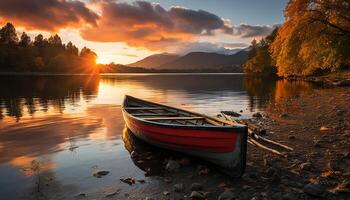 ai generato tranquillo scena tramonto riflette su acqua, autunno foresta, sereno canoa generato di ai foto