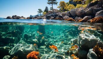 ai generato subacqueo avventura nuoto con colorato pesce nel tropicale scogliera generato di ai foto