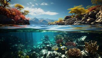 ai generato subacqueo natura, scogliera pesce nuotare nel blu corallo acqua generato di ai foto