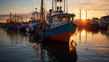 ai generato pesca barca ormeggiato a commerciale bacino riflette tranquillo tramonto generato di ai foto