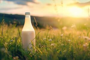 ai generato un' bottiglia di fresco latte su un' soleggiato estate azienda agricola prato, erba, natura e impianti. modello, eco cibo, latteria prodotti concetto idee. generativo ai foto