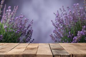 ai generato vuoto di legno tavolo superiore per Prodotto Schermo con lavanda sfondo. generativo ai foto