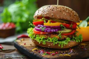 ai generato avocado Sandwich con vegano hamburger, arrosto giallo Pepe e sottaceto rosso cavolo. selettivo messa a fuoco. generativo ai foto