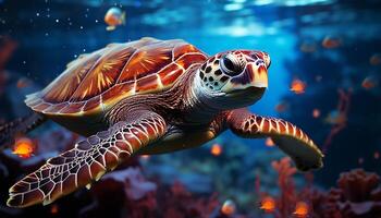 ai generato un' bellissimo mare tartaruga nuoto nel il blu subacqueo generato di ai foto