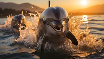 ai generato sorridente delfino spruzzi nel il acqua, portando gioia e divertimento generato di ai foto
