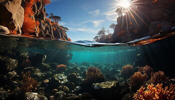 ai generato subacqueo avventura pesce nuotare sotto, natura bellezza nel tropicale paesaggio marino generato di ai foto