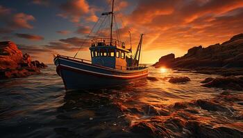 ai generato tramonto al di sopra di tranquillo acqua, andare in barca yacht riflette bellezza nel natura generato di ai foto