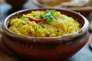 ai generato khichdi o chichri è un' piatto nel Sud asiatico cucina fatto di riso e Lenticchie con numerose variazioni foto