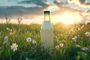 ai generato un' bottiglia di fresco latte su un' soleggiato estate azienda agricola prato, erba, natura e impianti. modello, eco cibo, latteria prodotti concetto idee. generativo ai foto