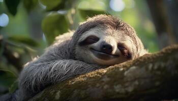 ai generato carino lemure addormentato su ramo, guardare a telecamera, all'aperto generato di ai foto
