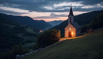 ai generato cappella campanile illuminato di maestoso tramonto al di sopra di tranquillo montagna gamma generato di ai foto
