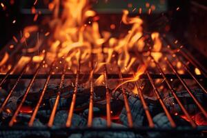 ai generato caldo vuoto portatile barbecue bbq griglia con fiammeggiante fuoco e brace carbone su nero sfondo. in attesa per il posizionamento di il tuo cibo. vicino su foto