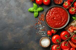 ai generato fatti in casa pomodoro salsa passata - tradizionale ricetta di italiano cucina - superiore Visualizza con copia spazio. generativo ai foto