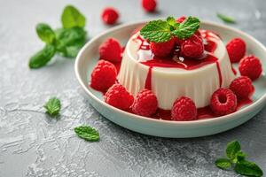 ai generato panna cotta con lamponi salsa e fresco menta. generativo ai foto