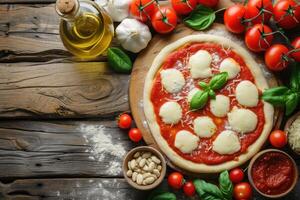 ai generato crudo Impasto per Pizza preparazione con ingredienti. pomodoro salsa, Mozzarella, basilico, oliva olio, formaggio, spezie servito su rustico di legno tavolo foto