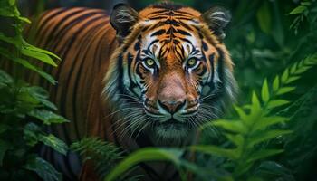 ai generato maestoso Bengala tigre, selvaggio e in via di estinzione, fissando nel il natura selvaggia generato di ai foto