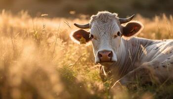 ai generato carino mucca pascolo su verde prato, natura bellezza a tramonto generato di ai foto