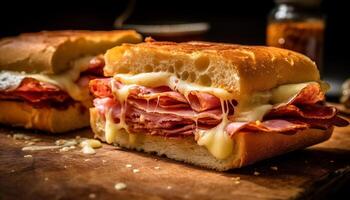 ai generato freschezza e buongustaio nel un' grigliato Maiale Sandwich pasto generato di ai foto