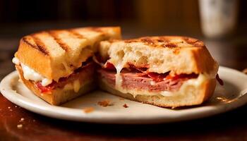 ai generato freschezza e buongustaio pasto grigliato carne Sandwich su tostato pane generato di ai foto