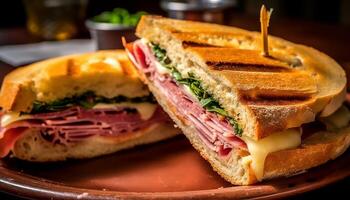 ai generato freschezza e buongustaio pasto grigliato carne Sandwich su tostato pane generato di ai foto