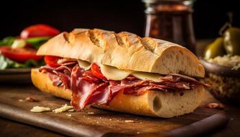 ai generato freschezza e buongustaio pasto grigliato Maiale su Ciabatta con pomodoro generato di ai foto