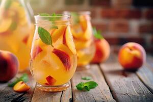 ai generato rinfrescante pesca Sangria su di legno cucina sfondo. generativo ai foto