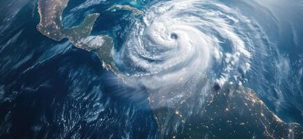 ai generato uragano si avvicina il americano continente visibile sopra il terra , un' Visualizza a partire dal il satellitare foto