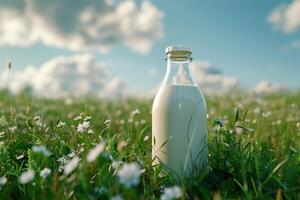 ai generato un' bottiglia di fresco latte su un' soleggiato estate azienda agricola prato, erba, natura e impianti. modello, eco cibo, latteria prodotti concetto idee. generativo ai foto