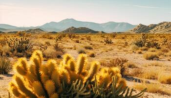 ai generato maestoso montagna gamma, asciutto sabbia dune, tranquillo tramonto nel Africa generato di ai foto