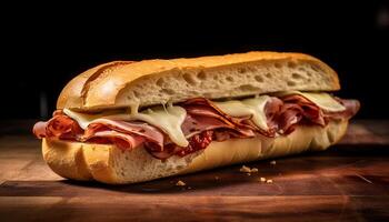 ai generato freschezza e buongustaio nel un' grigliato Maiale Sandwich su Ciabatta generato di ai foto