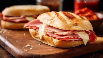 ai generato grigliato Maiale Sandwich su rustico Ciabatta, pronto per mangiare, alto angolo Visualizza generato di ai foto