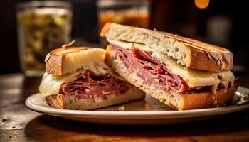 ai generato freschezza su piatto grigliato carne, tostato pane, fatti in casa buongustaio Sandwich generato di ai foto