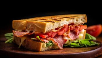 ai generato freschezza e gusto su un' rustico di legno piatto, un' buongustaio Sandwich generato di ai foto