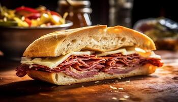 ai generato grigliato Manzo Sandwich su Ciabatta, un' rustico americano gastronomia generato di ai foto