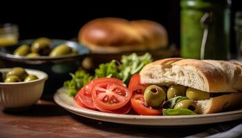 ai generato freschezza e varietà su il tavolo buongustaio insalata, salutare merenda generato di ai foto