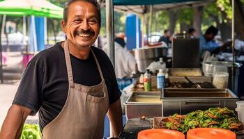 ai generato sorridente uomo, cucinando all'aperto, vendita fresco verdure con fiducia generato di ai foto