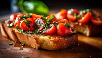 ai generato fresco, salutare vegetariano pasto tostato pane, Mozzarella, pomodoro, insalata generato di ai foto