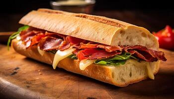 ai generato freschezza su un' di legno tavolo grigliato Maiale Sandwich con pomodoro generato di ai foto