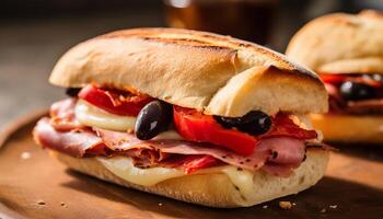 ai generato freschezza su un' rustico Ciabatta, grigliato Maiale, pomodoro Sandwich generato di ai foto