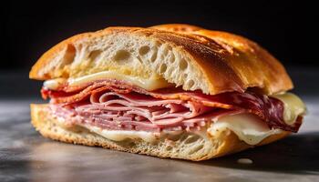 ai generato freschezza e buongustaio pasto grigliato Maiale Sandwich su Ciabatta generato di ai foto