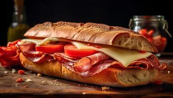 ai generato freschezza su un' rustico tavolo grigliato prosciutto Sandwich con pomodoro generato di ai foto