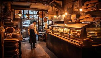 ai generato uno uomo, esperto chef, preparazione cibo nel commerciale cucina generato di ai foto