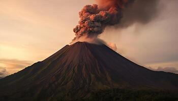 ai generato eruzione vulcano vernici ardente paesaggio, Fumo riempimenti il cielo generato di ai foto