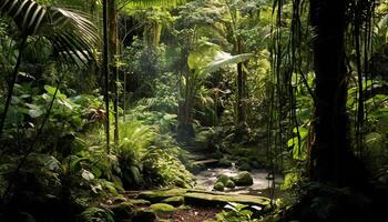 ai generato tranquillo scena tropicale foresta pluviale, verde alberi, fresco acqua, natura Riserva generato di ai foto