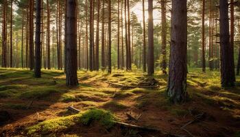 ai generato tranquillo scena luce del sole si illumina il autunno foresta, un' sereno bellezza generato di ai foto