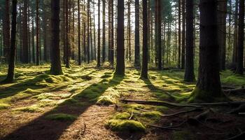ai generato tranquillo foresta sentiero rivela natura bellezza nel luce del sole d'oro splendore generato di ai foto