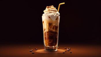 ai generato rinfrescante caffè cocktail con cioccolato e frappè su tavolo generato di ai foto