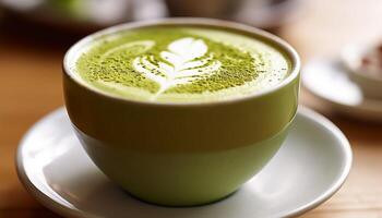 ai generato un' fresco, piccante, verde tè latte macchiato su un' di legno tavolo generato di ai foto
